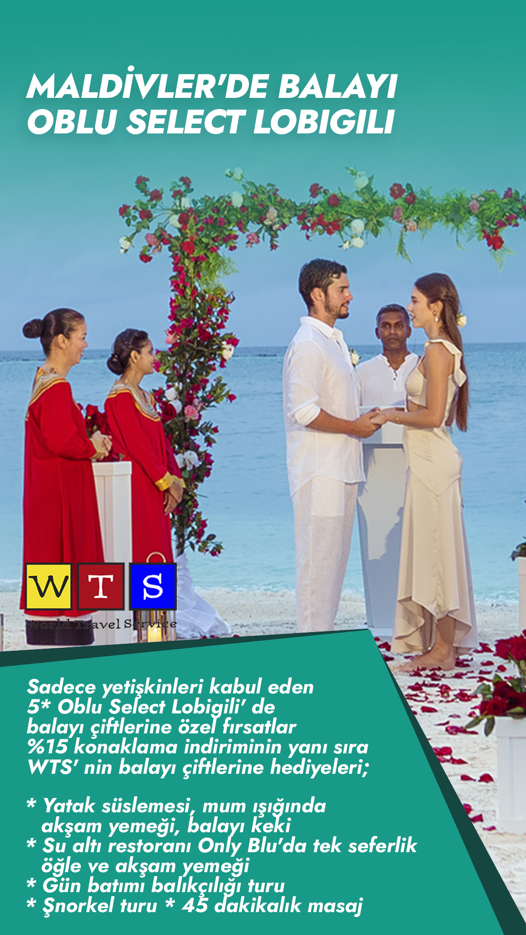 Sadece yetişkinleri kabul eden 5* Oblu Select Lobigili Maldivler balayı çiftlerine özel %15 konaklama indirimi, Only Blu su altı restoranı yemeği, şnorkel turu ve 45 dk masaj.